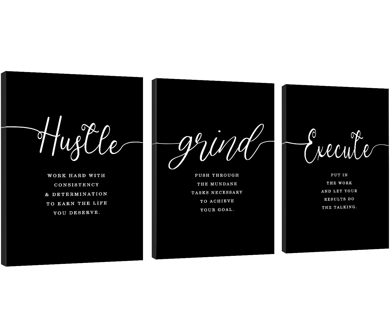 Office Decor - Hustle Quotes Execute Prints, Framed Canvas Wall Art Grind Quote, Office Wall Art, Black Large Poster, Positive MotivationalPrints, Inspirational Print (F-3pcs,12x16inchx3pcs)