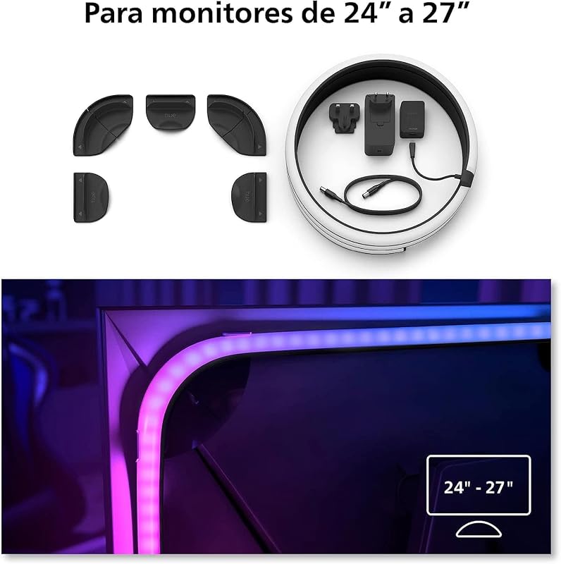 - Tira de luces led inteligente Hue Play Gradient para PC, 24-27", Luz Blanca y de Colores, sincroniza con el contenido de la pantalla