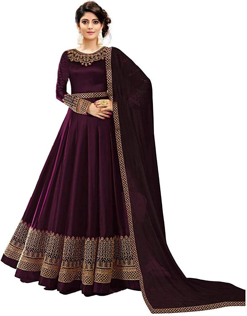 Fast Fashions Women's Taffeta Silk Semi-stitched Anarkali Gown (Purple_Free Size)
