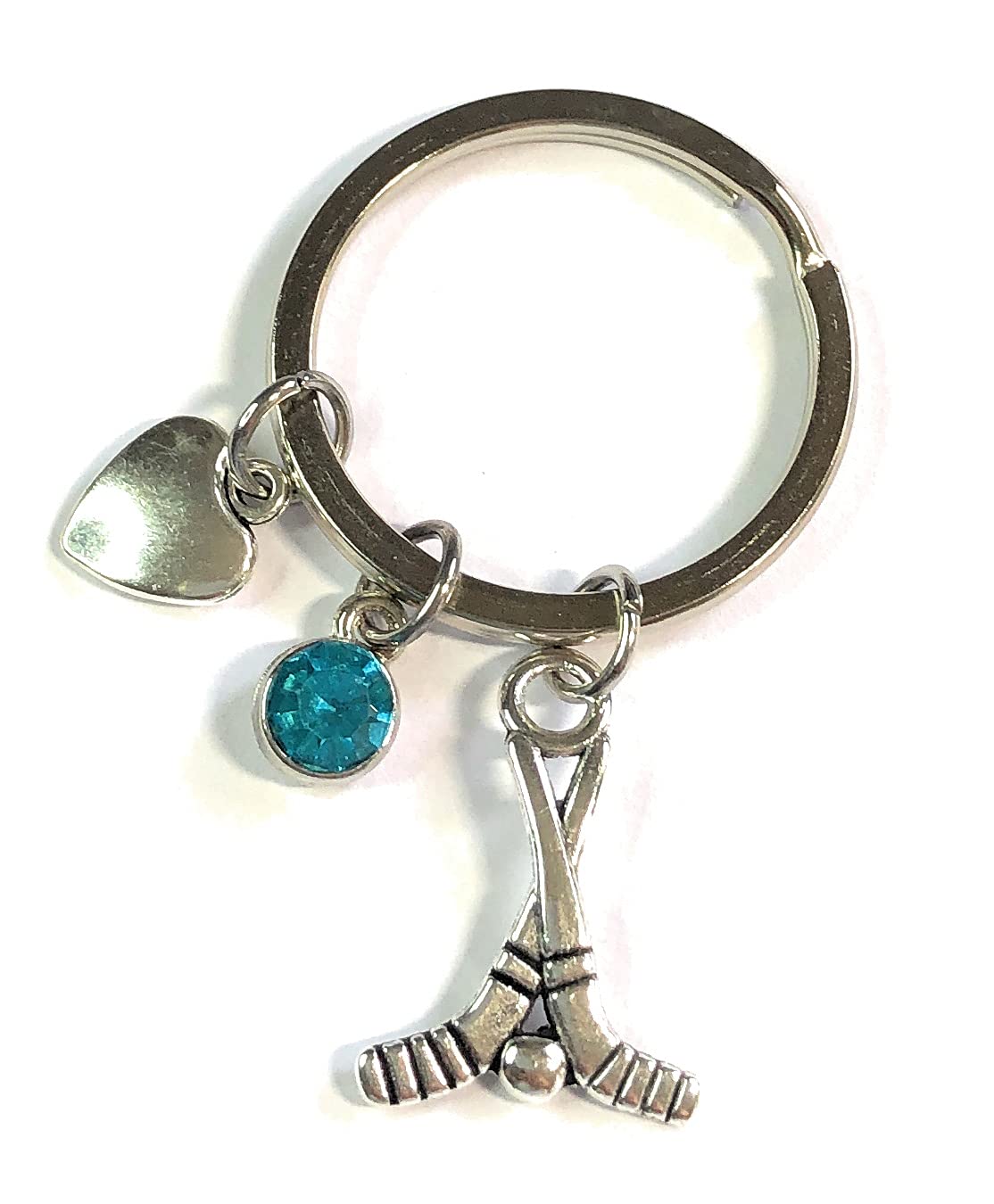 FizzyButton Gifts Hockey Sticks Keyring Key Ring with Turquoise Rhinestone and Heart Charm