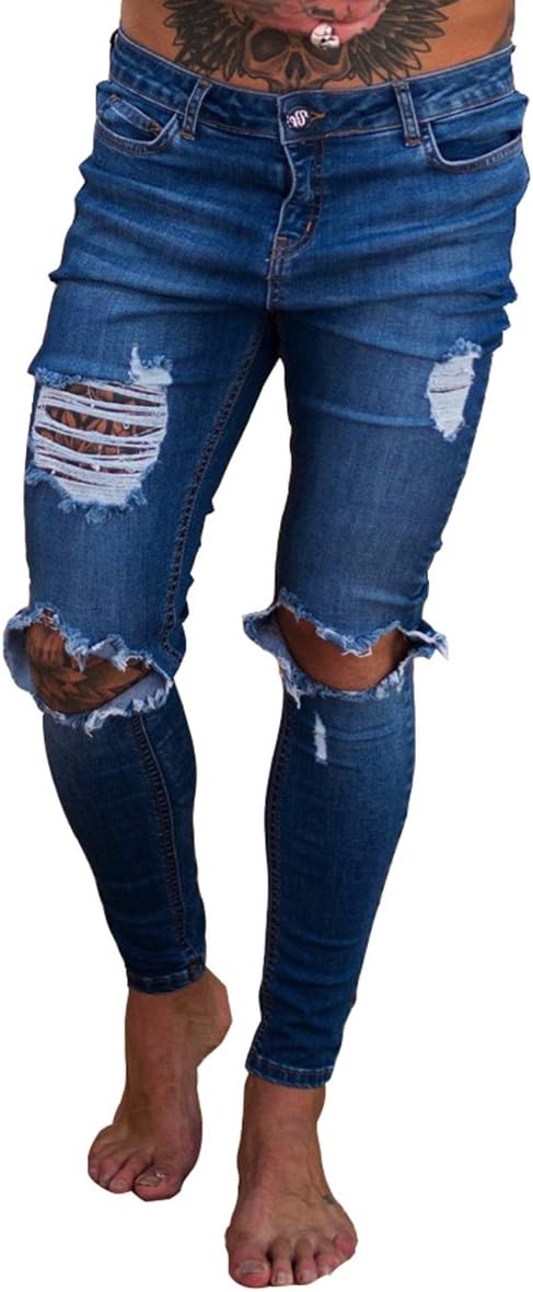 Sarriben Men's Distressed Skinny Muscle Fit Slim Jeans with Ripped Broken Knees