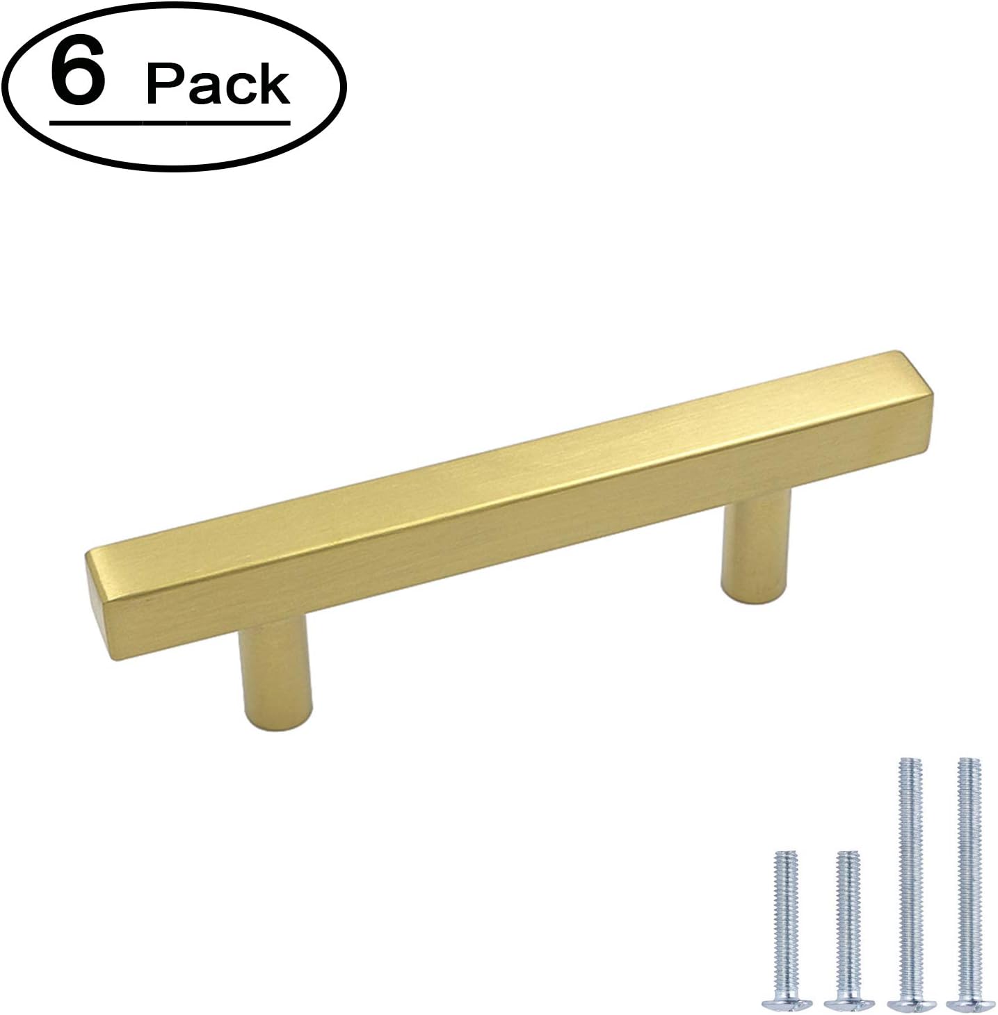 LONTAN 6 Pack Kitchen Cabinet Handles Gold Brass Drawer Pulls - LS1212GD76 Modern Cabinet Door Handles Square Cabinet Door Hardware for Bathroom,Cupboard,3in Hole Centers