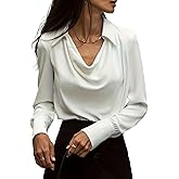 SOMTHRON Women's Elegant Satin Silk Blouse Cowl Neck Ruched Front Draped Long Sleeve Work Office Shirt Top