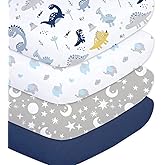 Plushii Crib Sheets for Baby Boys 4 Pack, 28"x 52" Extra Soft Microfiber Crib Sheet Set for Standard Crib & Toddler Mattress Pad, Dinosaur & Elephant & Stars & Navy Blue