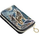 Sletend RFID Credit Card Holder Wolfs Full Moon Leather With Zipper Card Case Wallet for Women Girls