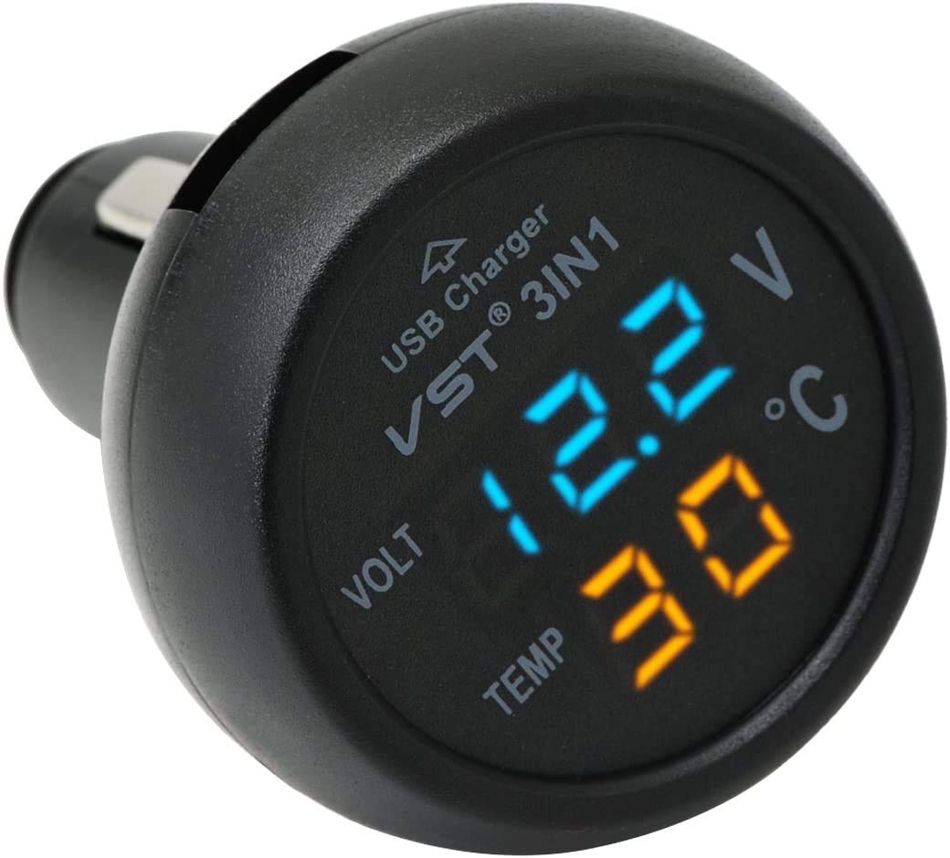 QUMOX Cigarette Lighter Style Digital Thermometer Display Voltmeter with USB Charger