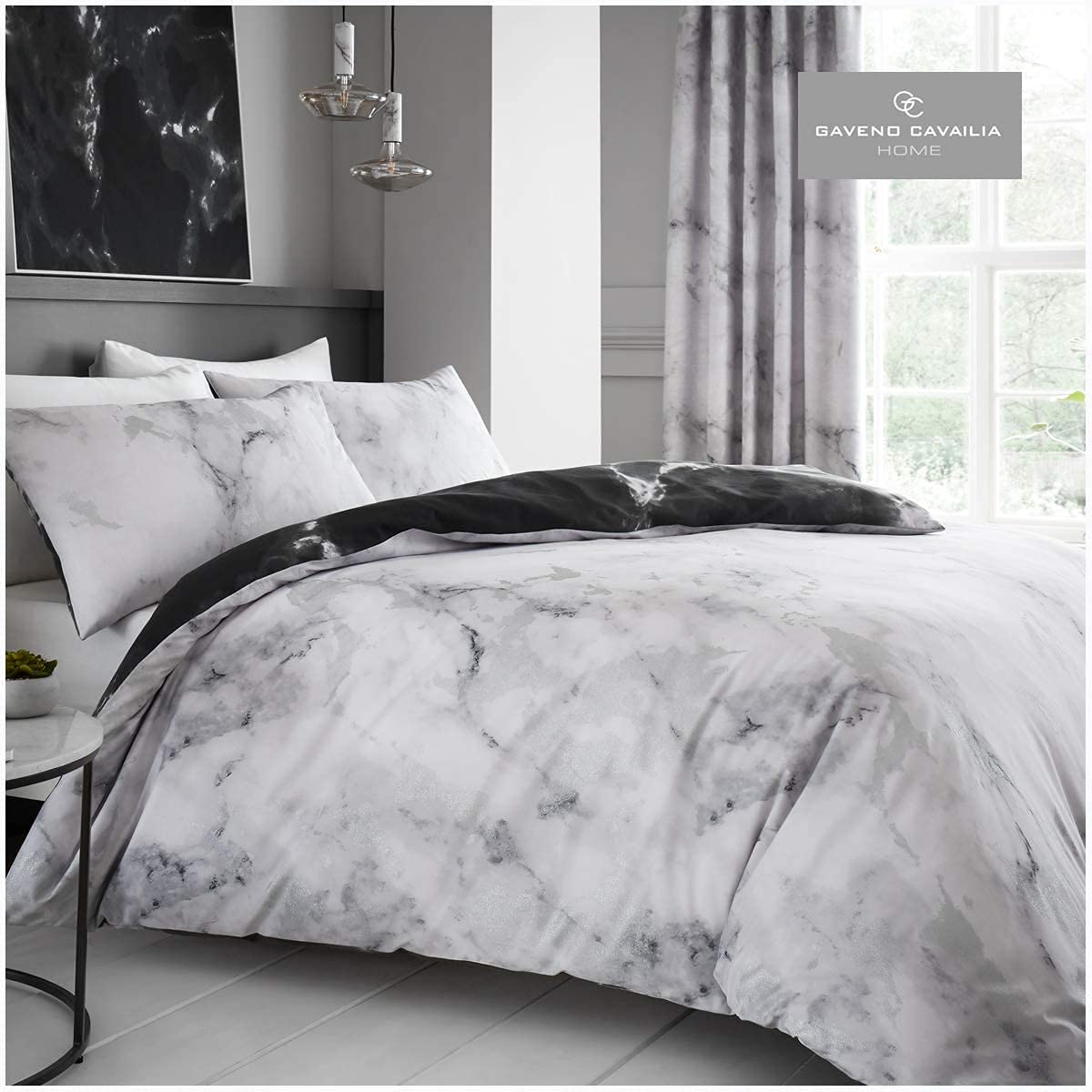 GC GAVENO CAVAILIA Luxurious MARBLE Bed Set with Duvet Cover and Pillow Cases, Polyester-Cotton, White, King,