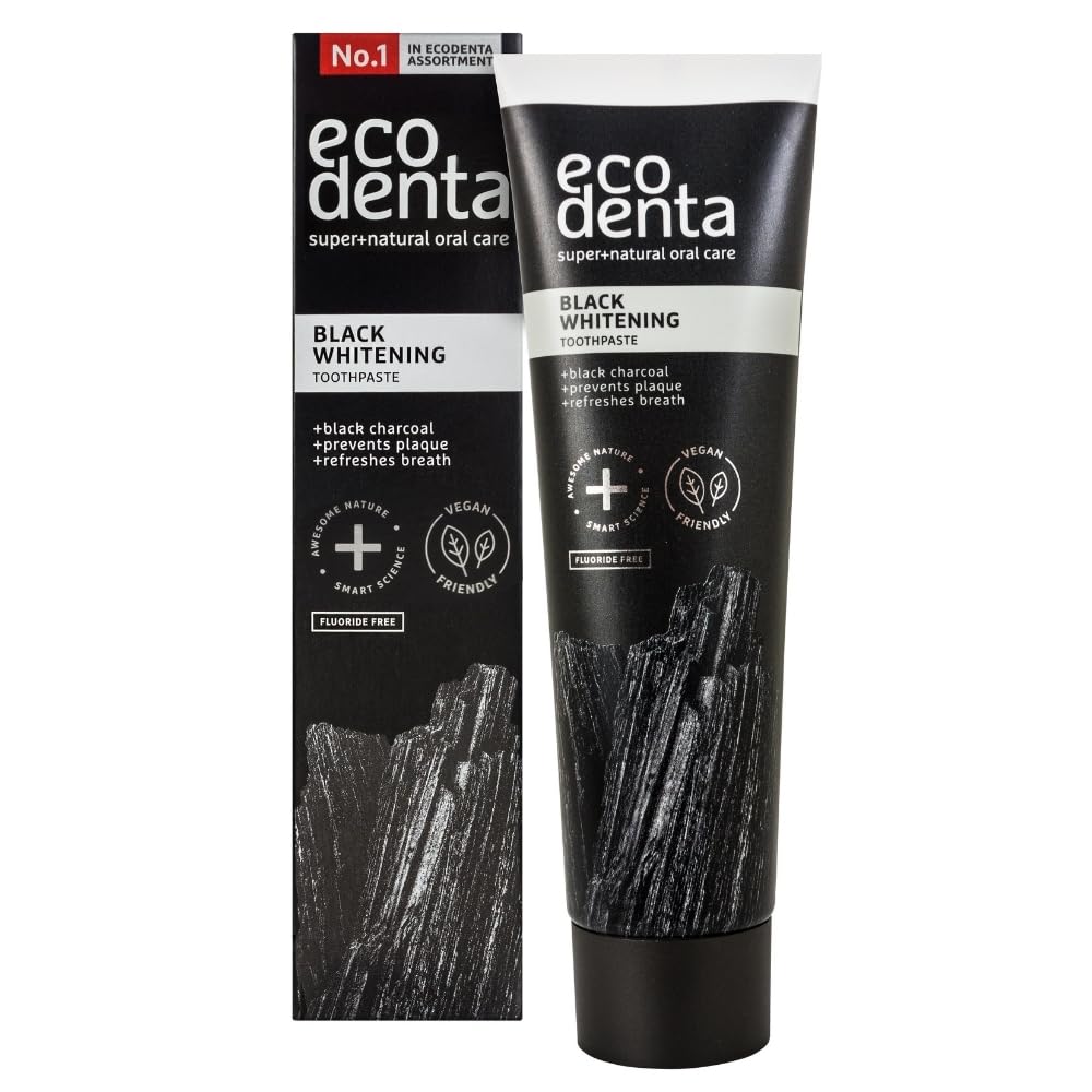 Ecodenta Charcoal Toothpaste, Teeth Whitening I Naturally Whitens Teeth and Removes Plaque I Black Natural Toothpaste Fluoride Free, 100ml