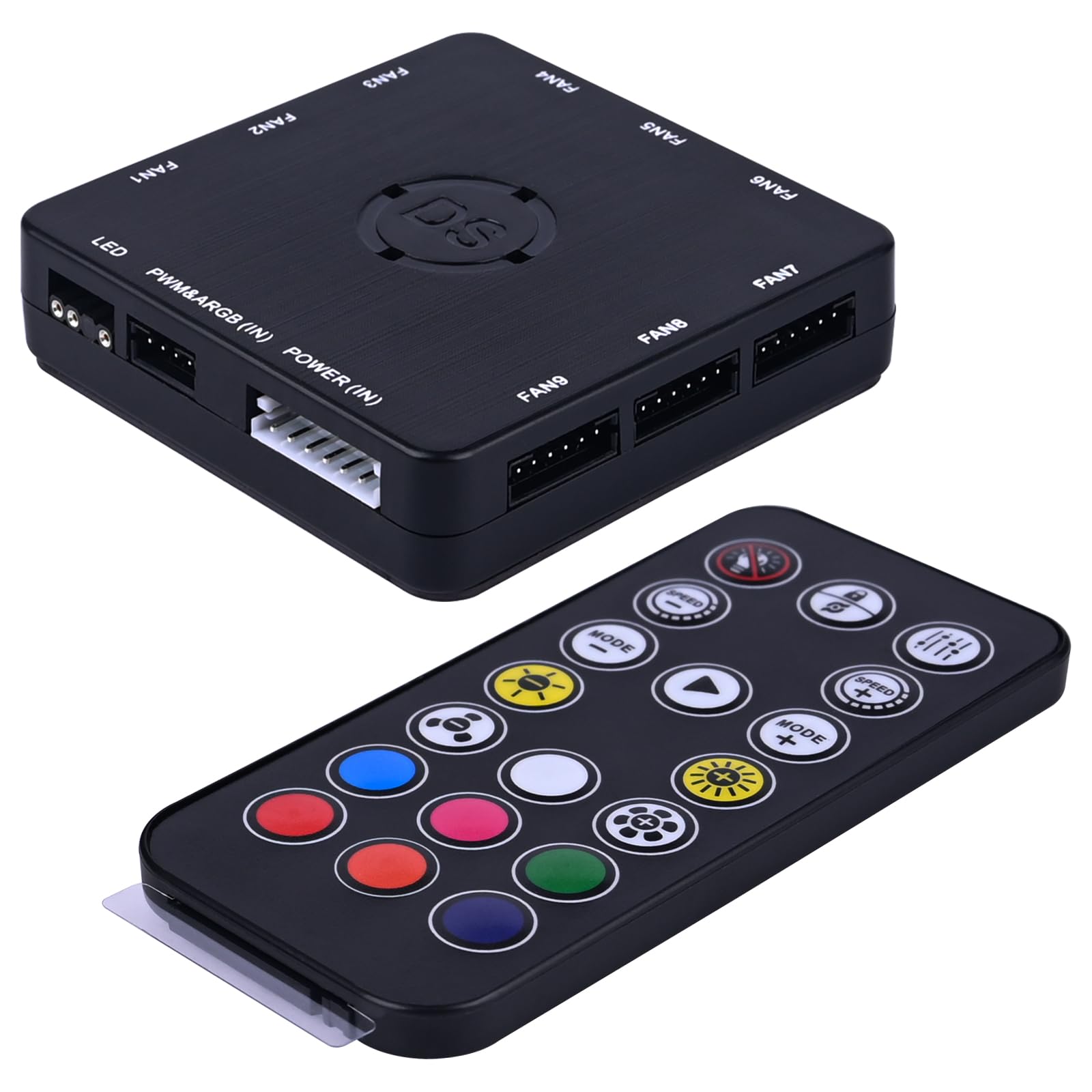 DS Rainbow RGB Fan LED Sync Controller with Magnet Back Design kit Only for DS Fans, Support to 6Pin Fans and 4Pin ds LED Device (with 21key RF Remote, SATA Power Cable, 4th Gen, A D E Series)