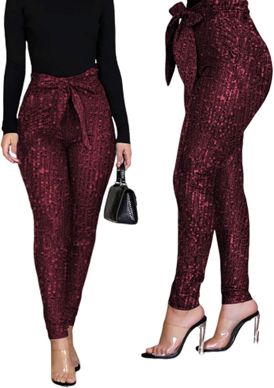 DUBACH Women Fashion Glitter Sequins Belted Skinny Pants L Red at Amazon Womenâs Clothing store