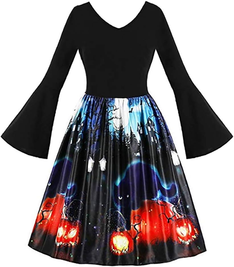 KUKICAT Vintage Evening Gowns Dress, Women Long Sleeve Vintage Pumpkins Halloween Evening Prom Costume Swing Dress