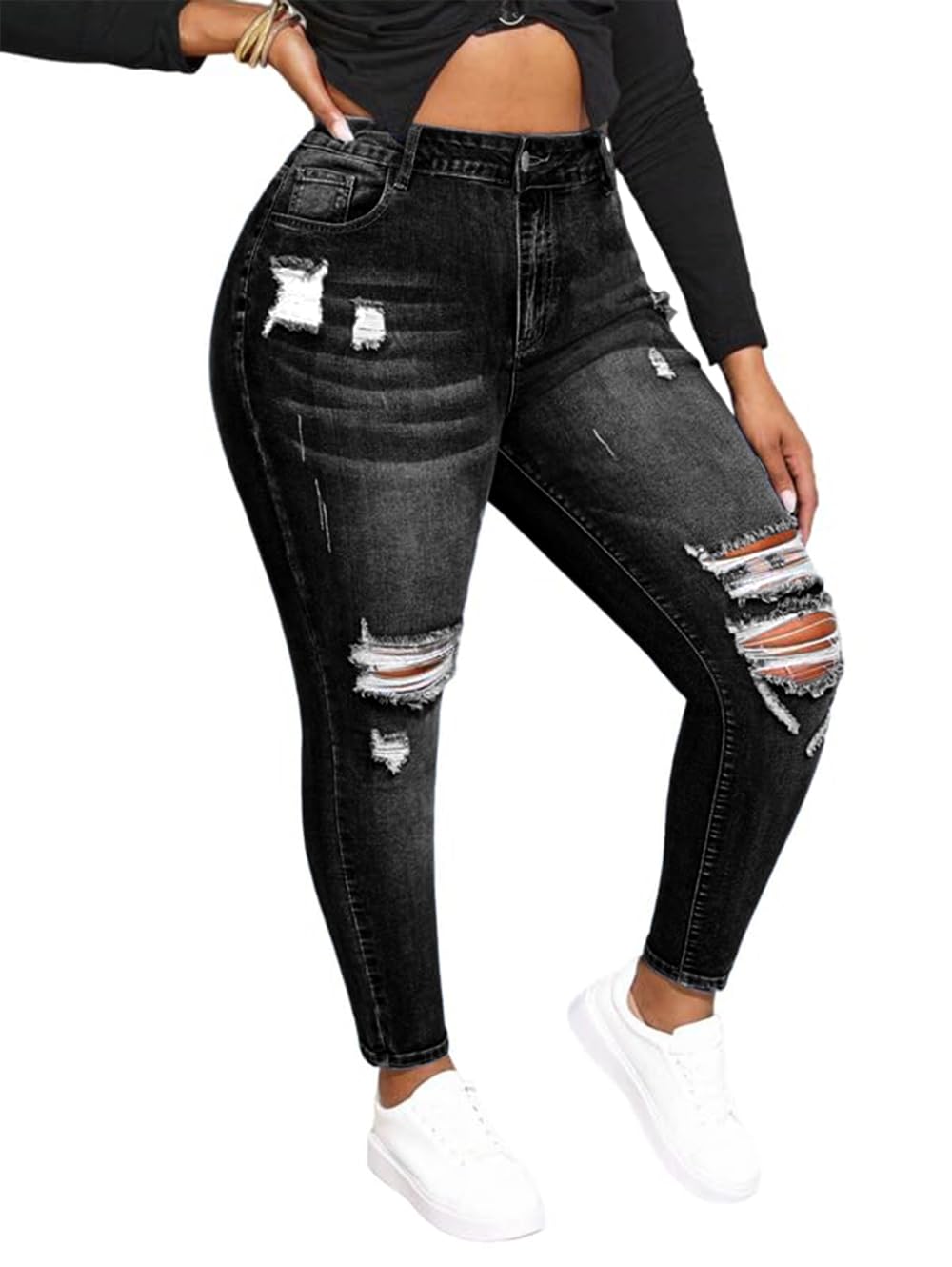 Photo 1 of ALLABREVE Womens Plus Size Skinny Jeans Stretchy High Waisted Ankle Jean Ripped Slim Fit Washed Denim Distressed Tight Jean (052 Black, 2XL)