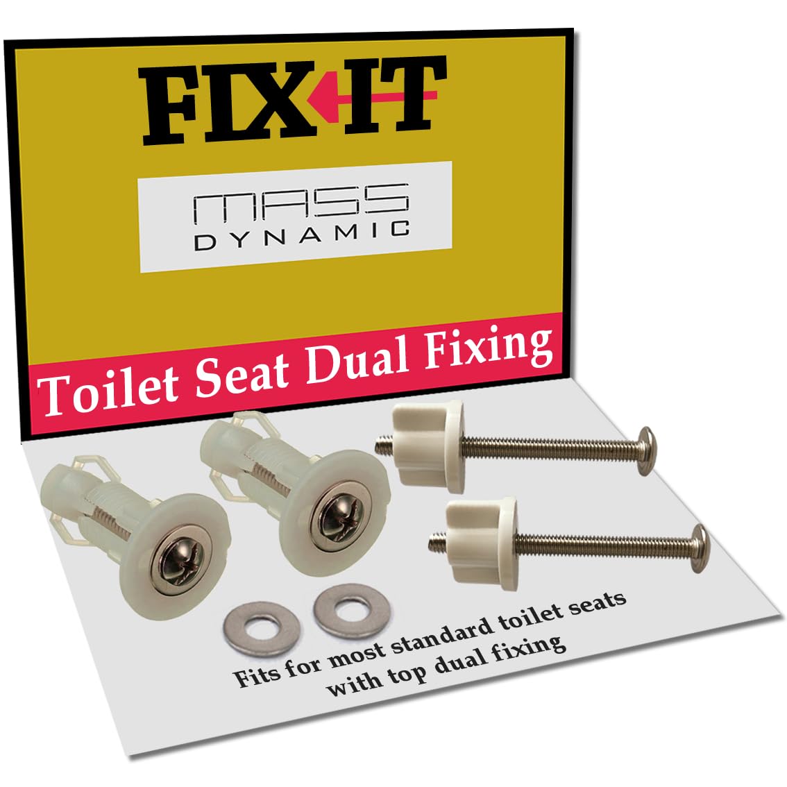 FIX-IT Dual Fixing Toilet Seat Pack – Includes Both top and Bottom fixings for a Secure fit. Suitable for Standard Pans with 14–19 mm Hole Sizes