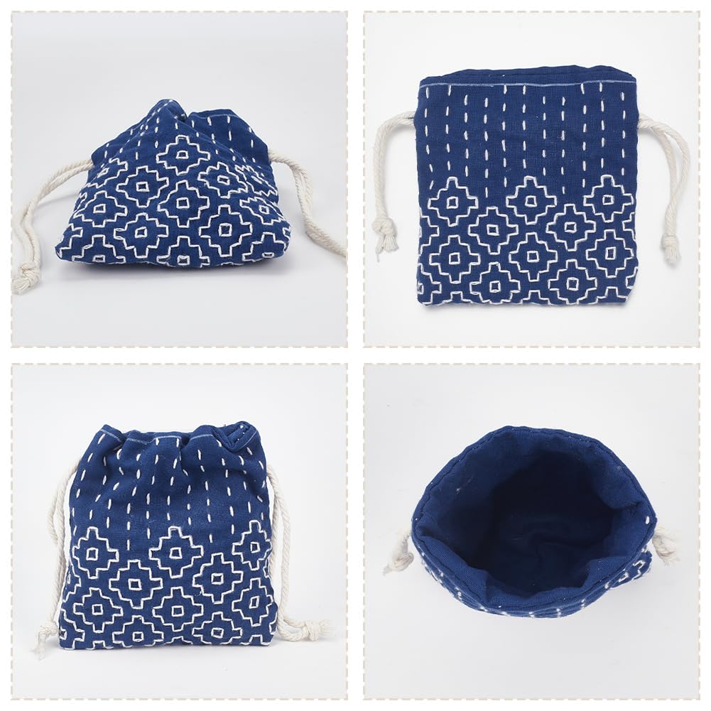 INFUNLY 3 Set Sashiko Drawstring Bag Kits Sashiko DIY Tote Bag Kit Flower Sashiko Fabric Kit for Beginners Make Your Own Tote Bag with Thread Needles Hand Sewing Set for Adults