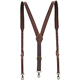 Tourbon Genuine Leather Suspenders for Men Heavy Duty Y Back Design Adjustable Straps with 3 Metal Snap Hooks, Brown