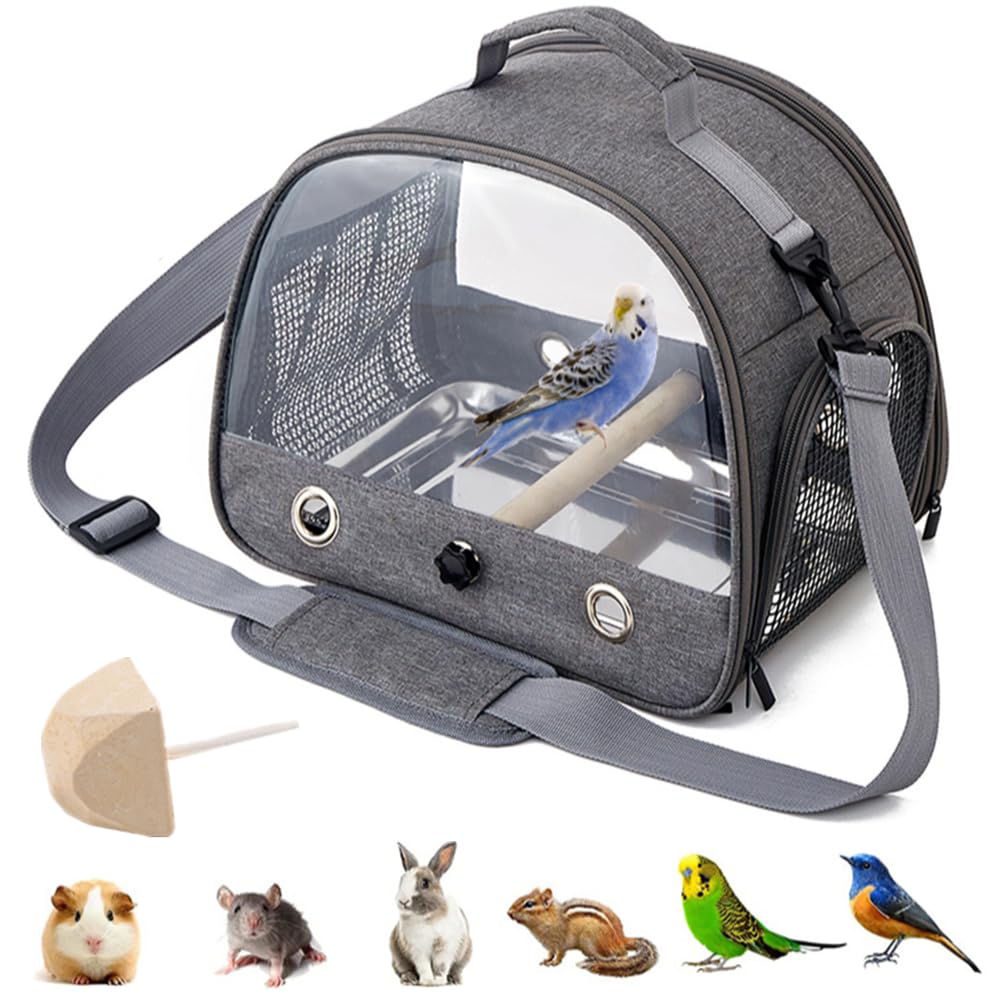 Bird Carrying Backpack,Travel Bag,Stainless Steel Tray Stand Perch,Portable,Washable,Outdoor,for Parrot Hiking,Camping,with 1 Stone Molars-Grey