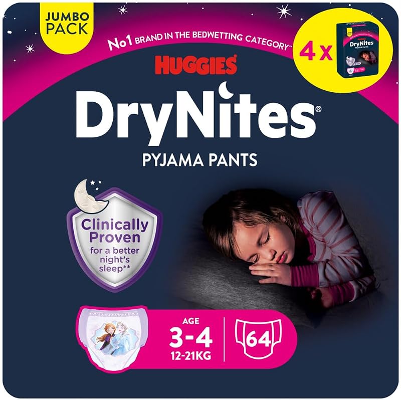 Fraldas huggies drynites para meninas de 3 a 5 anos (16 a 23 kg), clinicamente testadas com 5 camadas de proteção noturna máxima, 4 pacotes de 16, total de 64 fraldas noturnas descartáveis