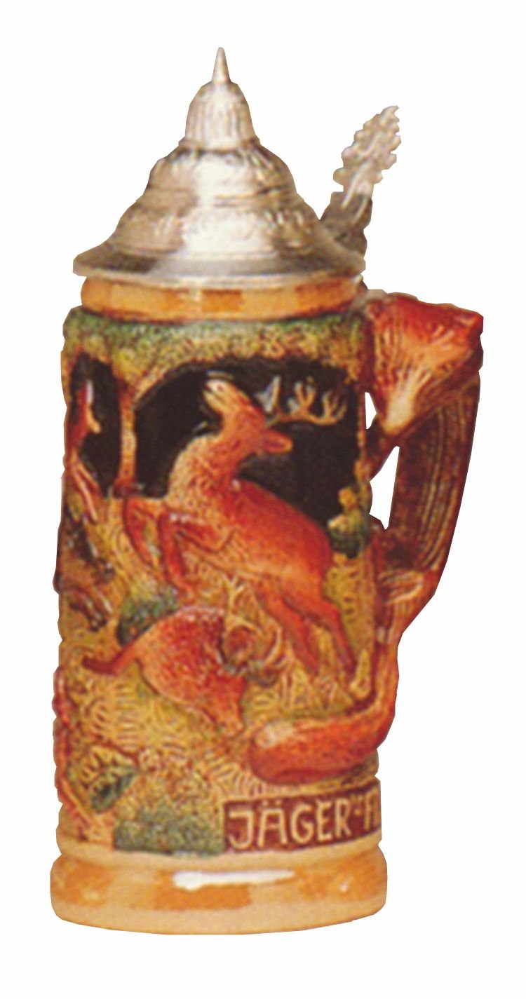 King German Beer Stein Fox handle hunting stein 0.5 liter