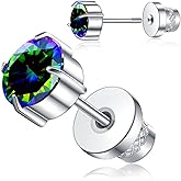 Titanium Screw Back Stud Earrings for Women Men, Hypoallergenic Double Side 5A Cubic Zirconia Flat Back Earrings Birthstone Stud Jewelry 6mm