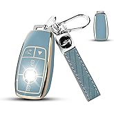 QBUC for Mercedes Benz Key fob Cover, TPU Car Key Case Protector with leather Keychain Compatible with Mercedes-Benz 2017-2021 E-Class S-Class 2019-2023 A-Class C-Class G-Class,Blue