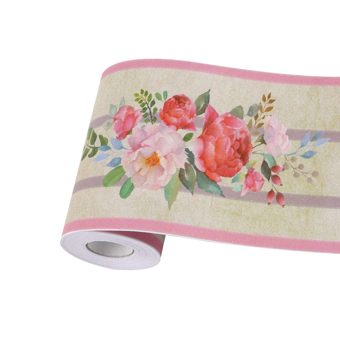 3D Wall Paper Border Self Stick Wall Covering PVC Floor Borders for Kitchen Bathroom Bedroom Wall Decor Paper, 3.94 Inch by 32.8 Feet (Pink Peony)