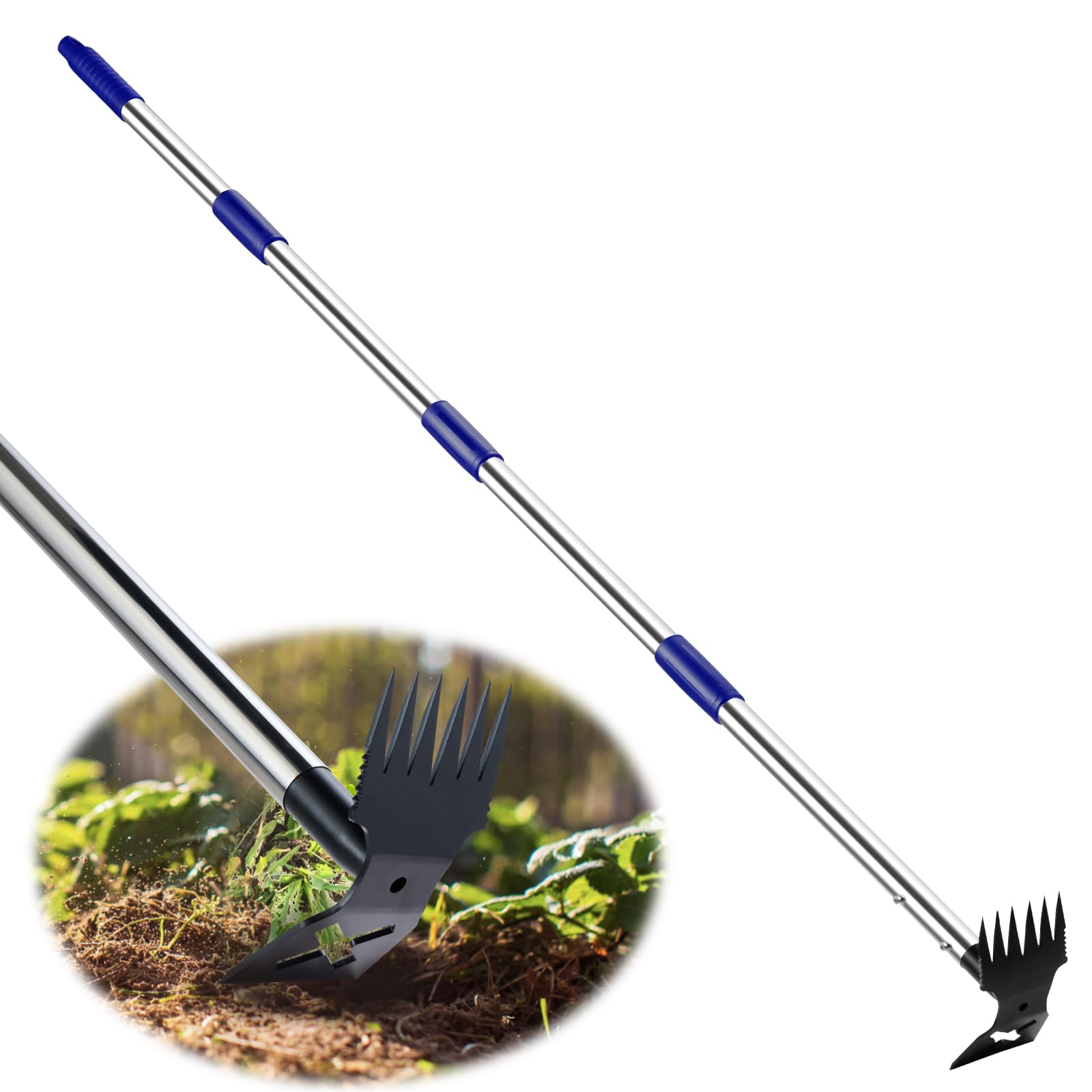 Photo 1 of Lawfymori  Puller Tool with Long Handle, 60' Weed Remover Weeding Tool, Heavy Duty 2 in 1 Manual Weed Rake and Garden Hoe, Gardening Weeder Tools for Yard, Lawn, Patio, Garden Blue