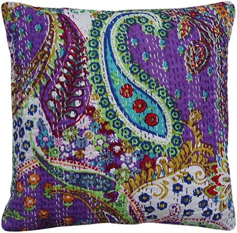 Rajcrafts Indian Paisley Print Kantha Work Cushion Cover 16X16 Purple