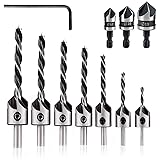 amoolo 10-Pack Countersink Drill Bit Set with 1 Free Hex Key Wrench, 7 Pcs High Carbon Steel Countersink Drill Bits for Wood,