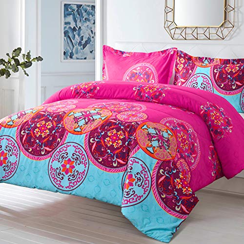 Shatex-Soft-Comforter-Queen-Size-3-Pieces-Bedding-Comforter-Sets-Ultra-Soft-100-Microfiber-Polyester--Boho-Pattern-Brown-Comforter-with-2-Pillow-Shams-Boho-Pattern-Pink-Queen