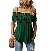 KEEDONE Women's Casual Off Shoulder Ruffle Tops Short Sleeve T Shirts Loose Summer Blouses Shirt