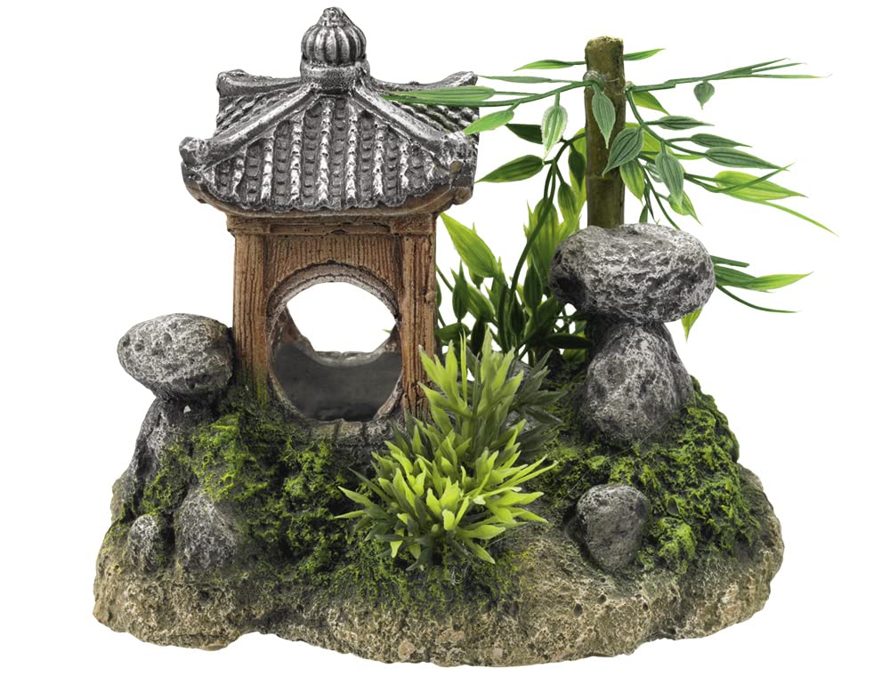 Nobby Aqua Ornaments Asian Temple with Plants, 15.5 x 10.5 x 12.5 cm, Pack of 1