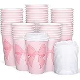 Whaline 50Pcs Pink Bow Coquette Coffee Paper Cups Valentine's Day Bowknot 16 Oz Disposable Cups With Lids For Hot Cold Drinks Birthday Baby Shower Bachelorette Party Supplies