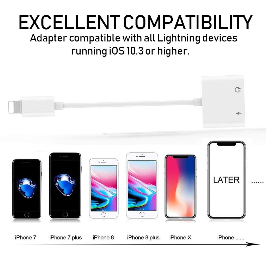 Dual Lighting Adapter Phone X/Xs/XR/ 7/8 / Plus, 2 in 1 Lighting Splitter Headphone Audio and Charge Adapter Connector,Remote and Call Function Compatible iOS 11, iOS 12 Later (2 Pack)