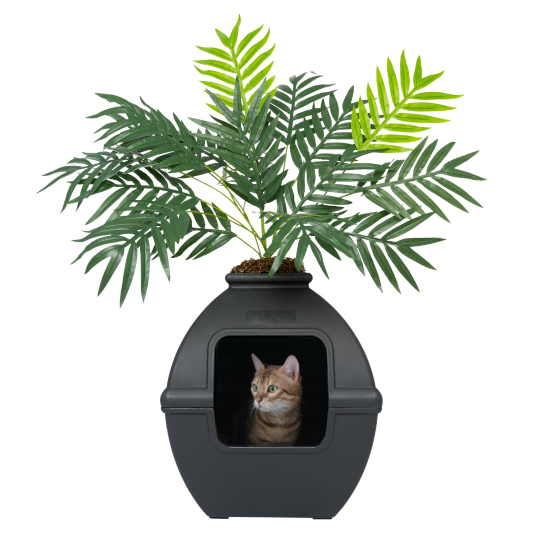 Good Pet Stuff Hidden Cat Litter Box Enclosure with Artificial Plant, Decorative Square Courtyard Planter, Charcoal Filter Odor Control, Easy-to-Clean, Made in USA, Base Kit, Black Image