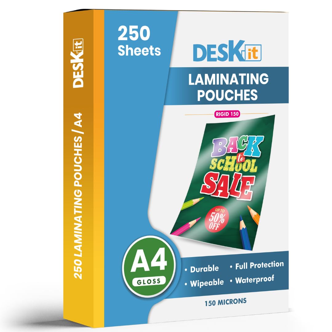 Deskit A4 Laminating Pouches, Gloss, Bulk Pack 250 Sheets, 150 Microns - for High Volume and Multi-Projects Laminations