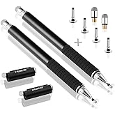 MEKO Stylus Pen for Touchscreen, 2-in-1 Universal Styilsts Pens | Fine Fiber &amp; Disc Tips with Pen Clip, Non-slip Rubber Grip, Work for iPhone Duo iPad and All Touch Screens(Black/Black)