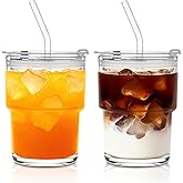 SoulTimes 13oz Glass Tumbler with Lid and Glass Straw Set of 2 – Thick-Walled Iced Coffee Cup, Reusable Clear Glass Cups for Water, Iced Tea, Coffee, Juice, Perfect for On-the-Go & Daily Use