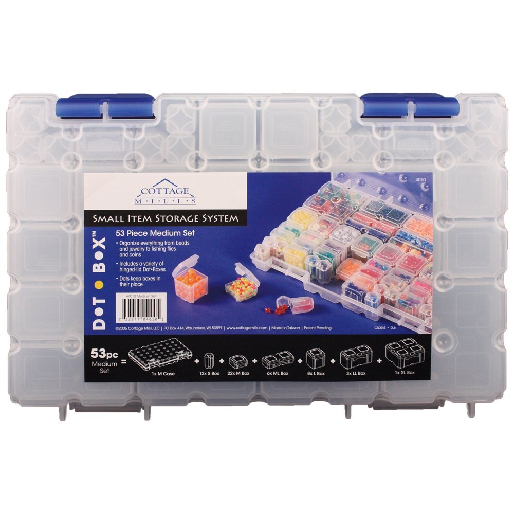 Cottage Mills DotBox® Medium Set 53 pcs. 52 storage boxes in a carrying case. It’s the ultimate small item storage system. Perfect for bead, jewelry, craft and small part storage