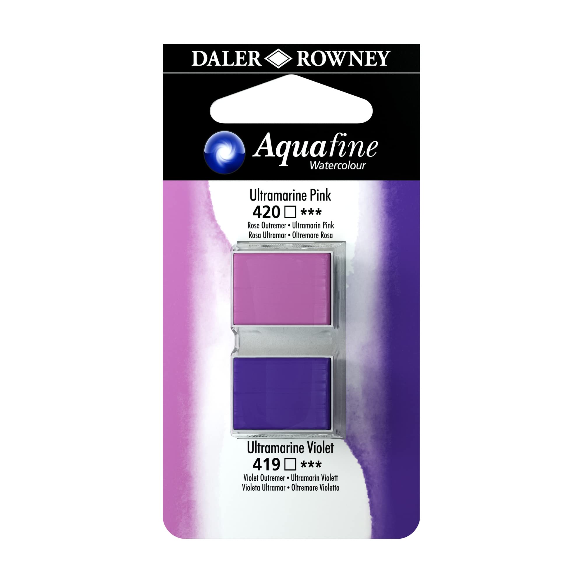Daler-Rowney Aquafine Watercolour Paint, Blister Pack, Half Pan - Half Pan, Ultramarine Pink and Ultramarine Violet, 2 Pack