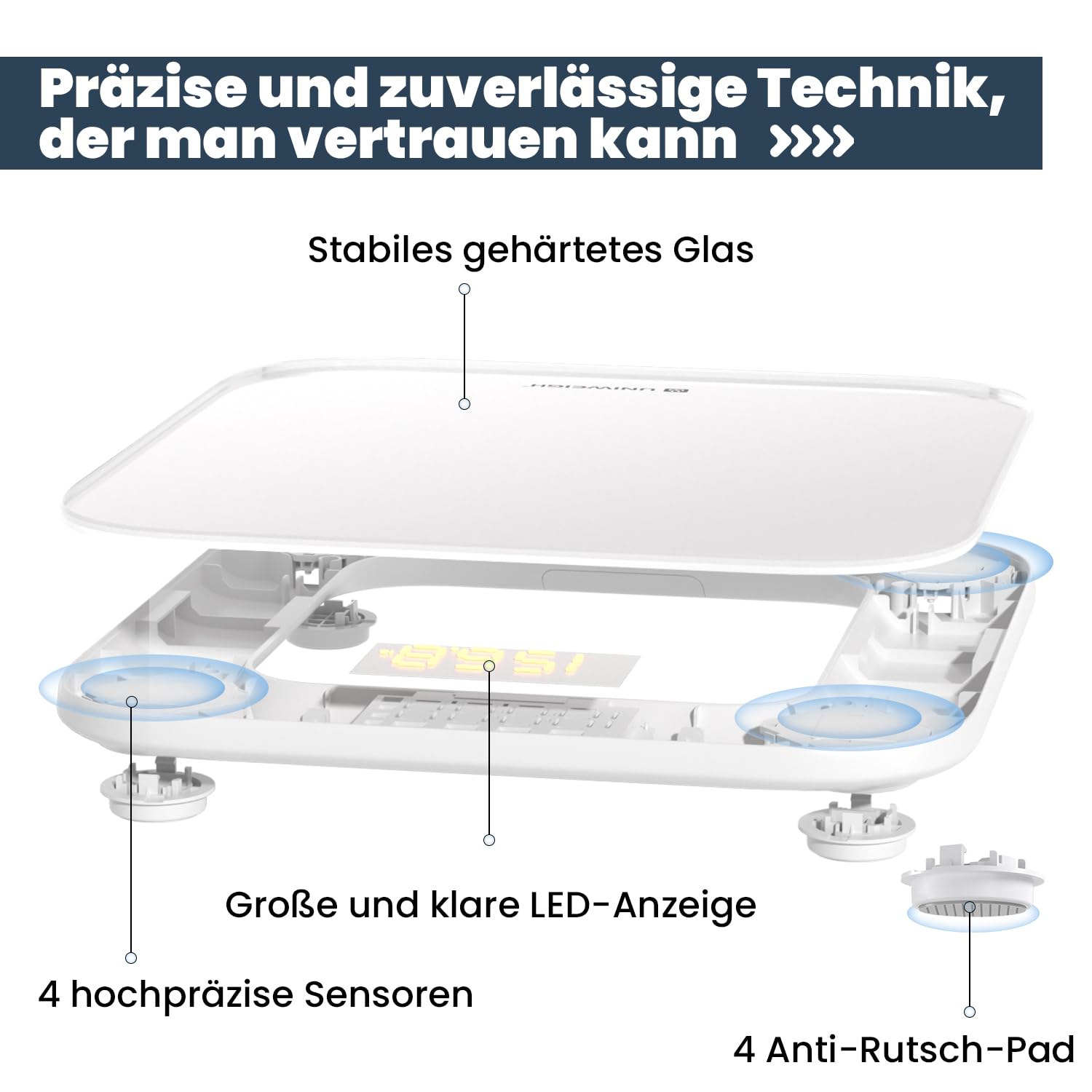 UNIWEIGH Digitale Personenwaage für Körpergewicht, hochpräzise Gewichtswaage bis zu 400lbs/180kg, Körperwaage mit stabilem gehärtetem Glas, LED-Anzeige, Step-on, 3 Einheiten und inkl. Batterien, weiß 3
