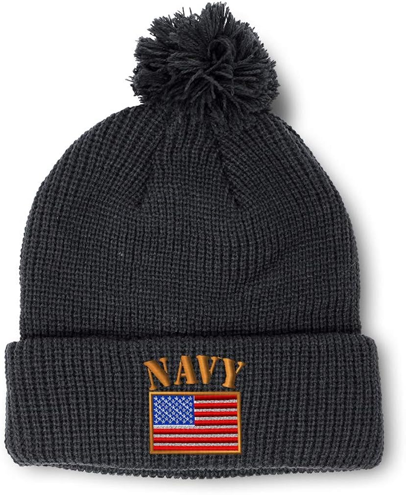 Pom Pom Beanies for Women Navy American Flag Patriot Embroidery Flags