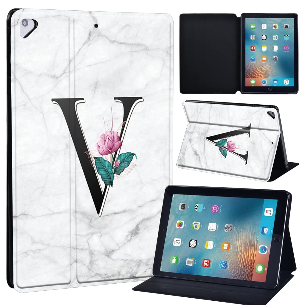Initial Letter Leather slim lightweight Stand Cover Case for Apple New iPad 9.7 2018 2017(6th Gen, 5th Gen)/iPad Air 2/iPad Air/iPad Pro 9.7 Tablet with Auto Wake/Sleep (whitemarbleV)