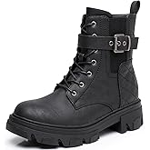 GLOBALWIN Women's Combat Boots Lace Up Ankle Booties Comfortable Lug Sole Boots For Women Chunky Low Heel