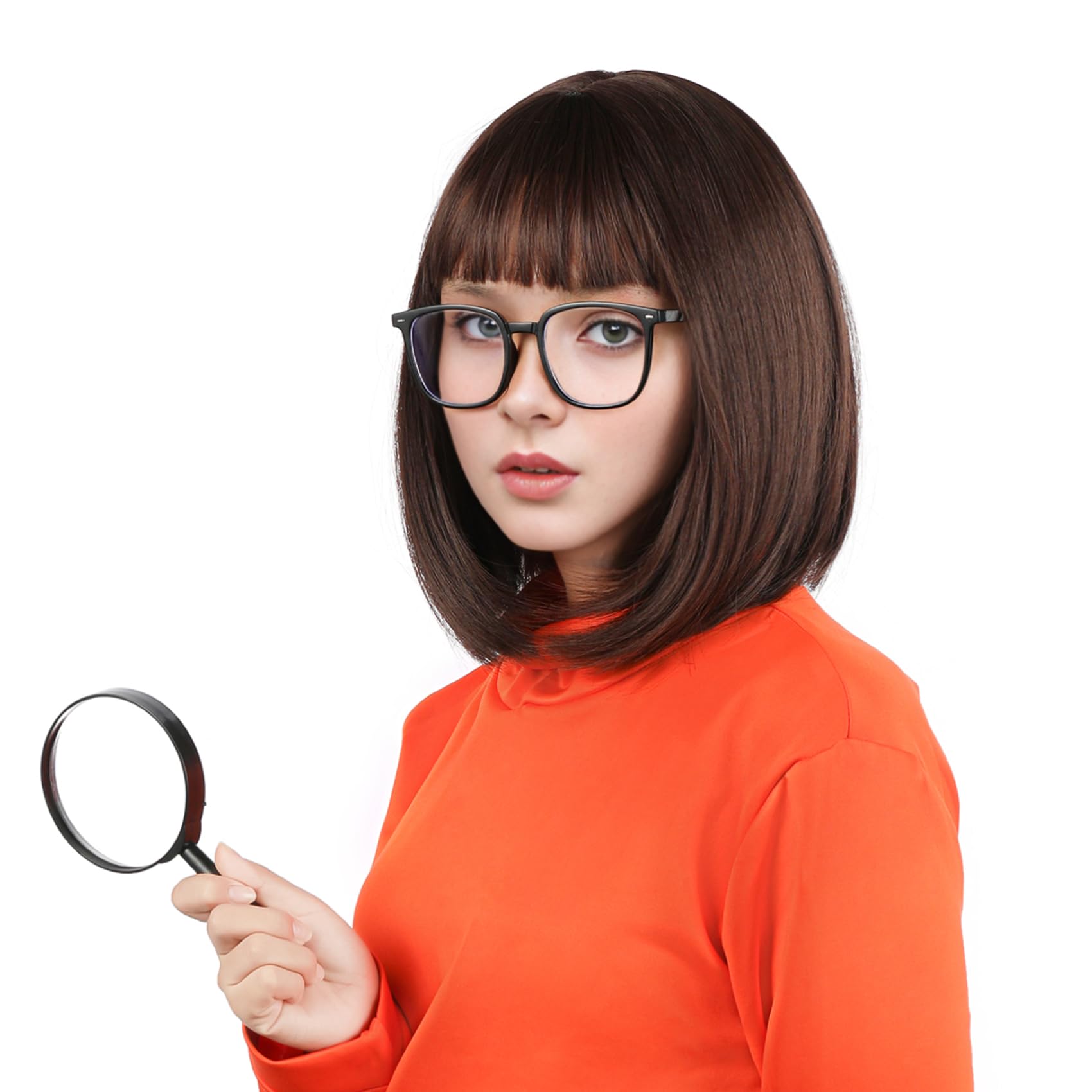 Photo 1 of MUPUL Brown Bob Wig Short Brown Wigs for Costume Women Girls Straight Brown Bob Wig with Bangs Natural Cute Wigs for Daily Costume Party