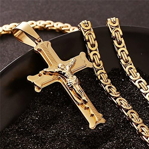 Xiaoxiongmao 24 Inch Fashion Jesus Crosses Necklace Gold Pendant Titanium Steel Jewelry Wide 6mm Gold one size