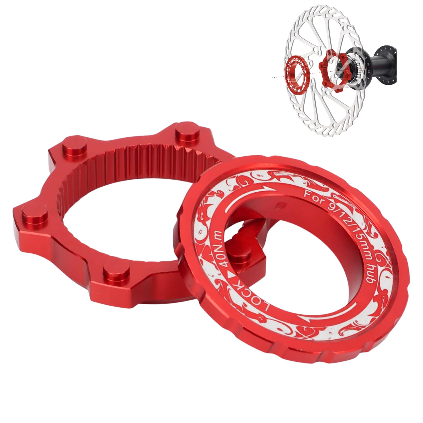 Hominas Bikes Center Lock Adapter, Bikes Center Lock 6-Bolt Disc Brake Rotor Adapter with Lock Ring Aluminum Alloy Centerlock Adaptor for Mountain Bikes (Red)