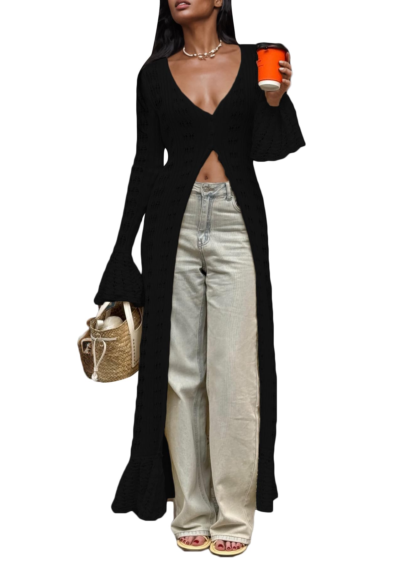 Photo 1 of Kwunbwa Crochet Cardigans for Women Hollow Out Knitted V Neck Long Sleeve Button Up Beach Cover Up Vacation Maxi Dress