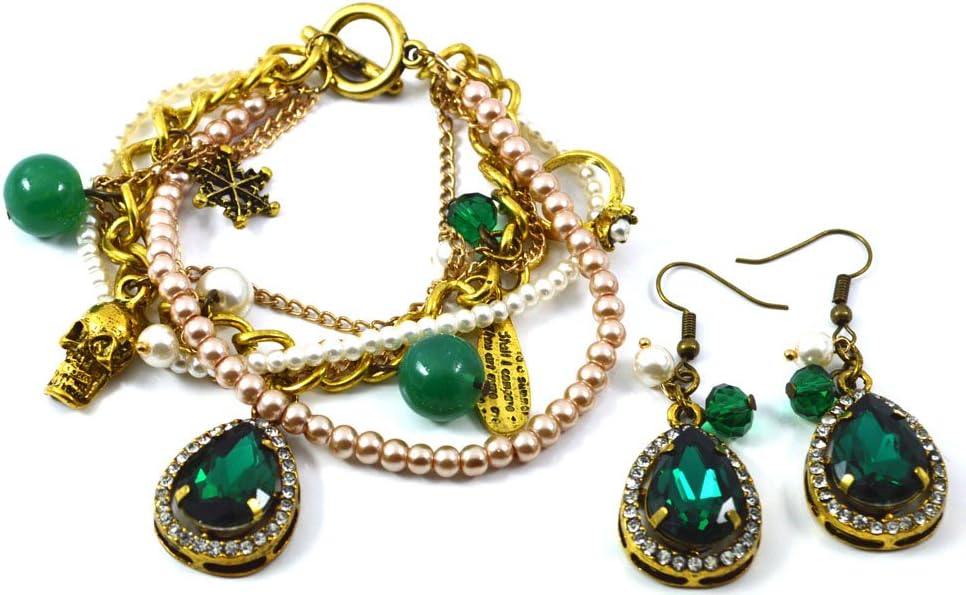 Emerald Green Crystal With Faux Pearl Charm Bracelet And Earrings Set In Antique Gold Plated
