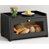 Small Bread Box for Kitchen Countertop, Cute Modern Breadbox Counter Top | 1 Tier Homemade Bread Storage Container for Sourdough Loaf, Vintage Wooden Corner Kitchen Organizer for Cabinet (Black)