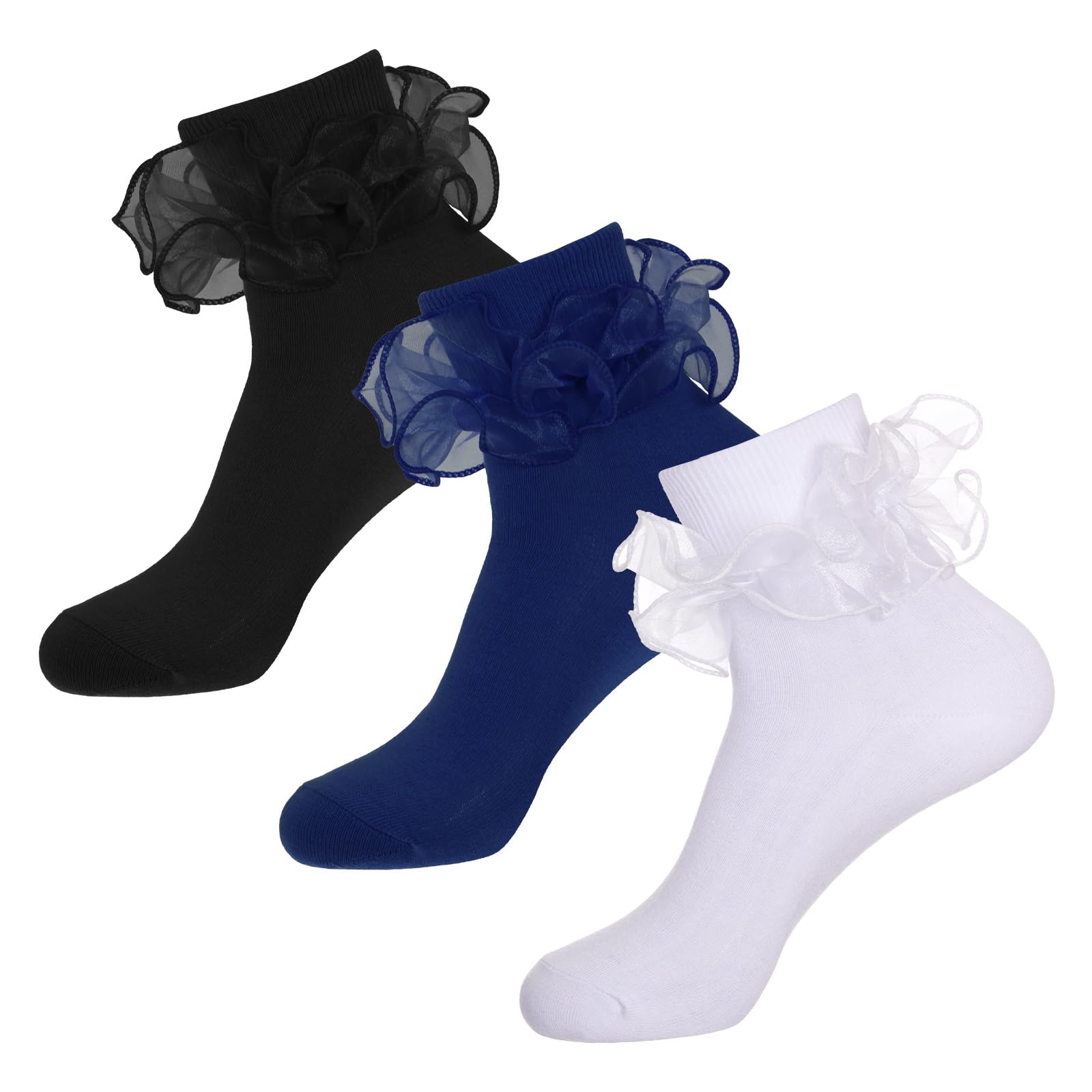 Photo 1 of **PACK OF 2** Rthjsfj Women's Big Ruffle Ankle Cuff Socks, Double Lace Cute Adult Cotton Frilly Bobby Socks (US, Alpha, One Size, Regular, Regular, Navy Blue + White + Black)